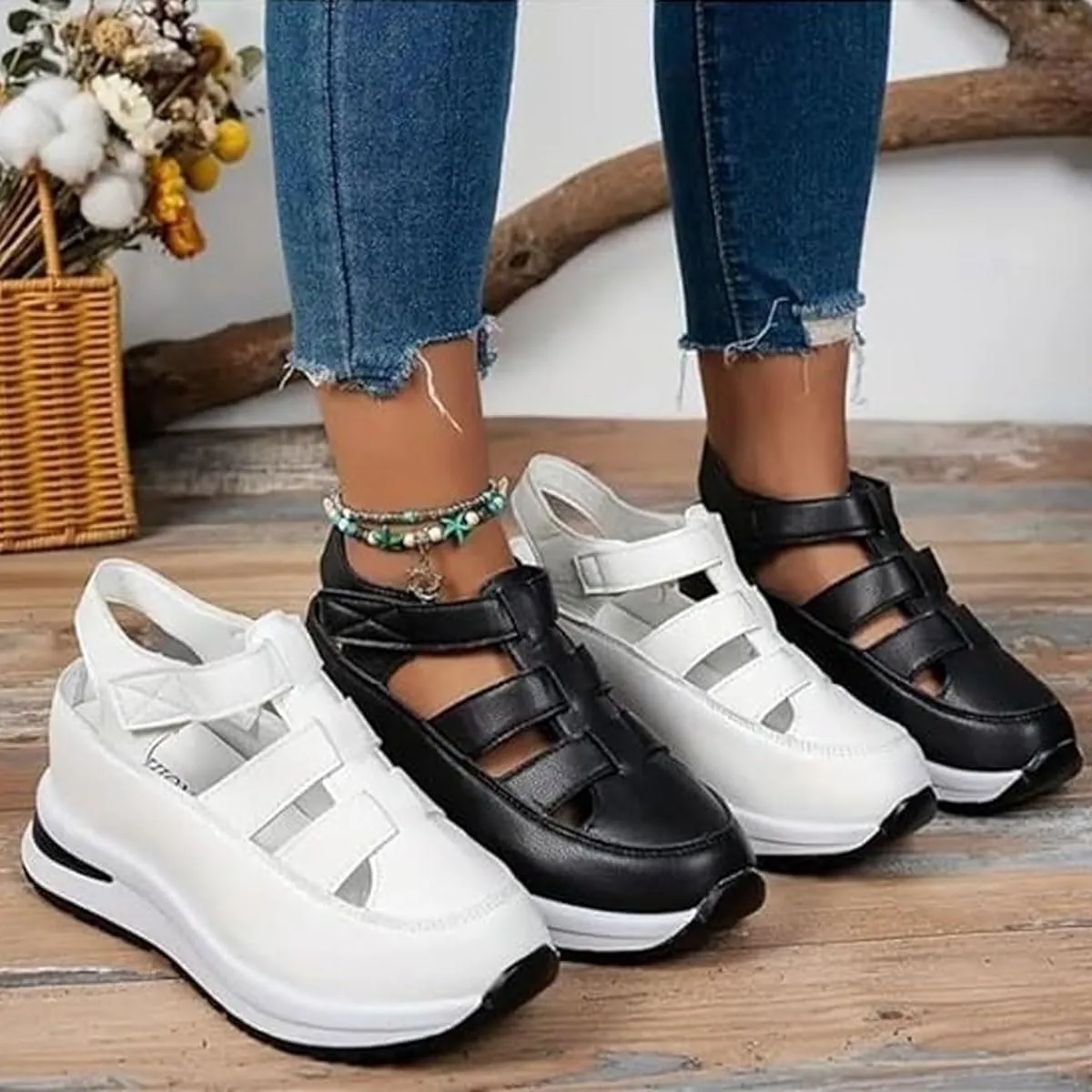 2025 New Bootara Women'S Plus Size Hollow-Out Casual Sandals,Closed Toe Platform Sandals Height-Boosting Thick Sole