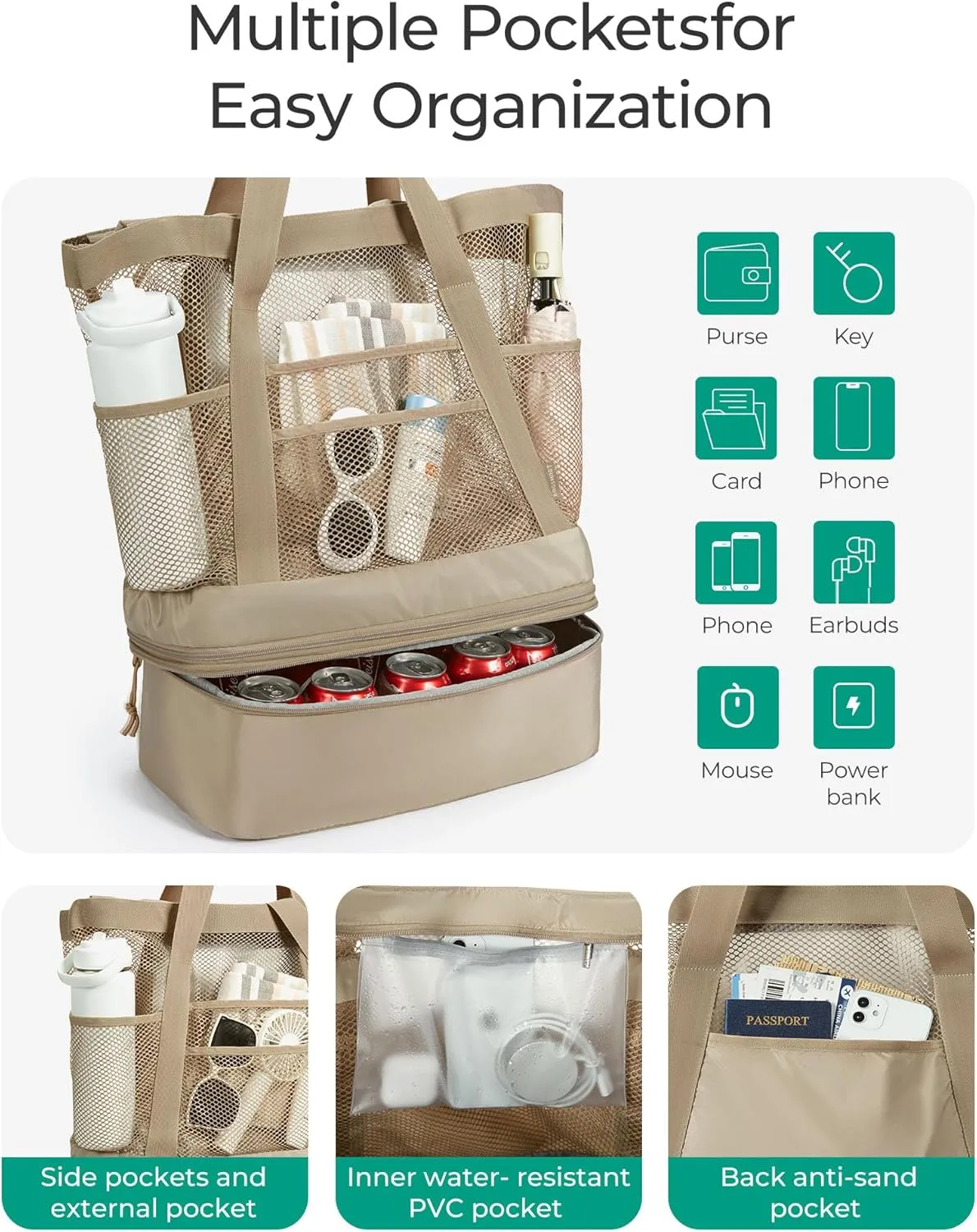 BAGSMART Beach Bag with Cooler, Mesh Beach Tote Bag with Zipper and Pockets Large Packable for Pool Swim Travel Essentials