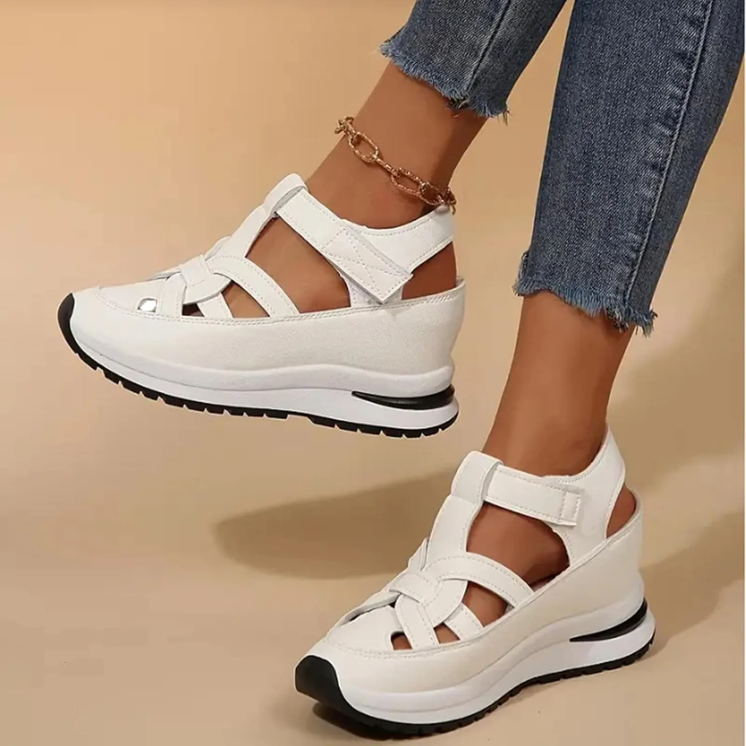 Bomre Shoes, Aveta Orthopedic Sandals, Women's Plus Size Hollow-Out Casual Sandals, Closed Toe Wedge Sandal
