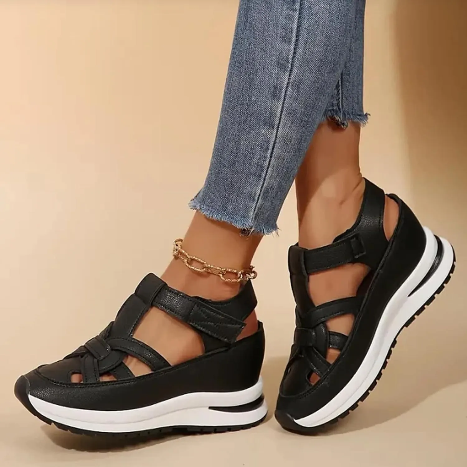 Bomre Shoes, Aveta Orthopedic Sandals, Women's Plus Size Hollow-Out Casual Sandals, Closed Toe Wedge Sandal