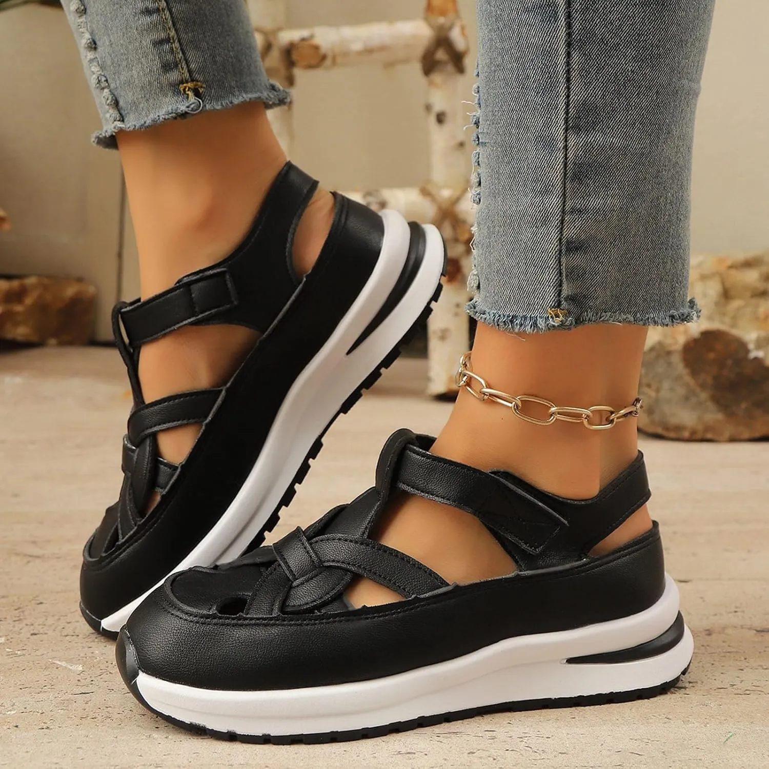Bootara Women'S Plus Size Hollow-Out Casual Sandals, Closed Toe Platform Sandals Height-Boosting Thick Sole