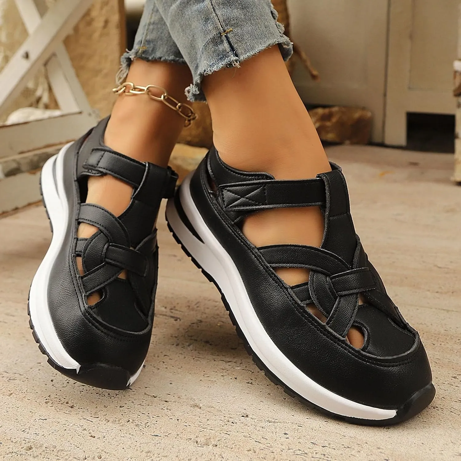 Bootara Women'S Plus Size Hollow-Out Casual Sandals, Closed Toe Platform Sandals Height-Boosting Thick Sole