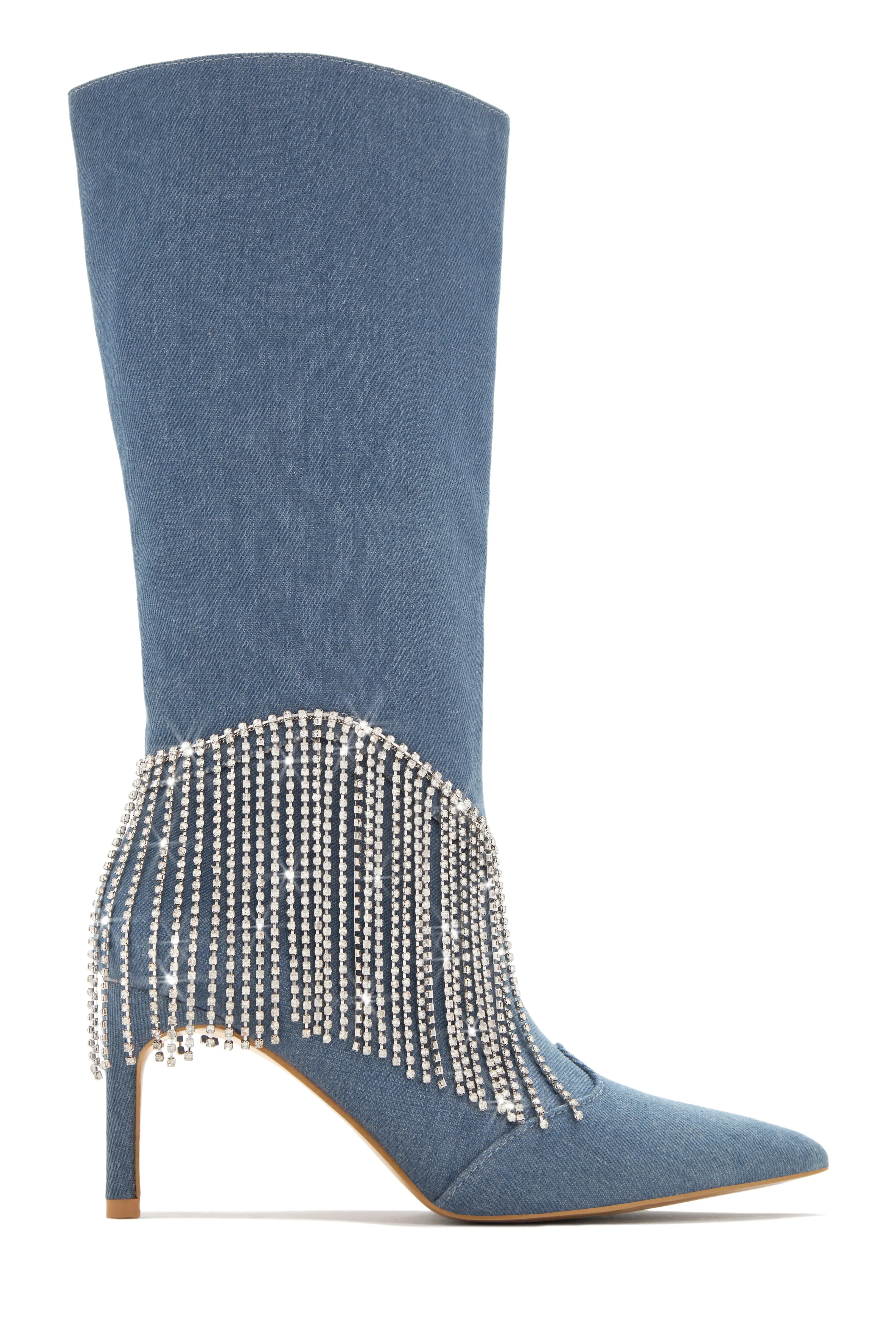 Faye Embellished Fringe Knee High Boots - Denim