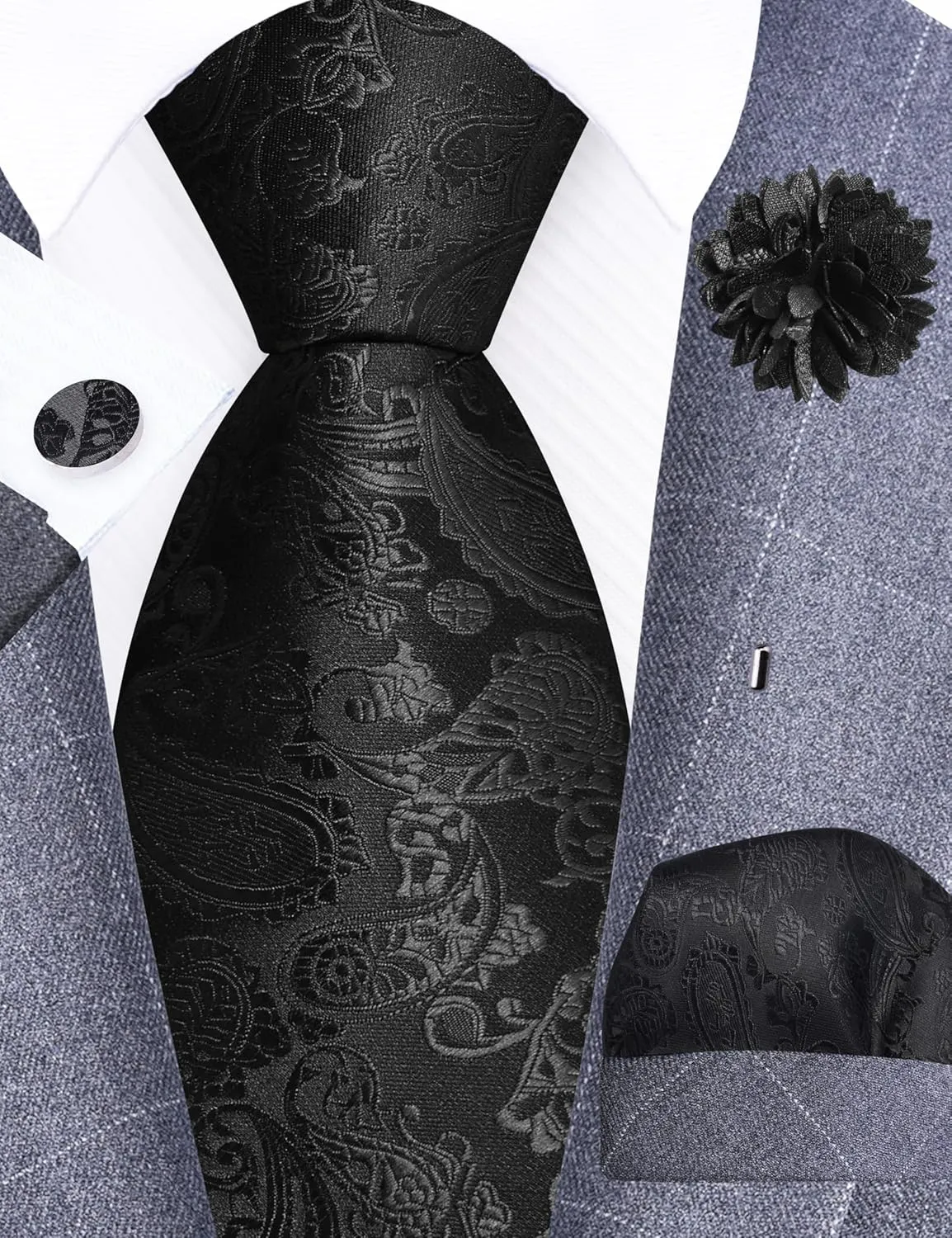 GUSLESON 3.15"??8cm?? Mens Paisley Tie and Lapel Pin Necktie Hankerchief Cufflinks Set for Men