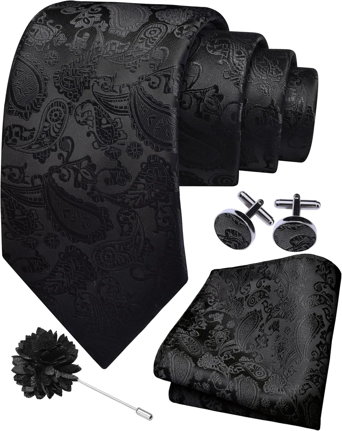 GUSLESON 3.15"??8cm?? Mens Paisley Tie and Lapel Pin Necktie Hankerchief Cufflinks Set for Men