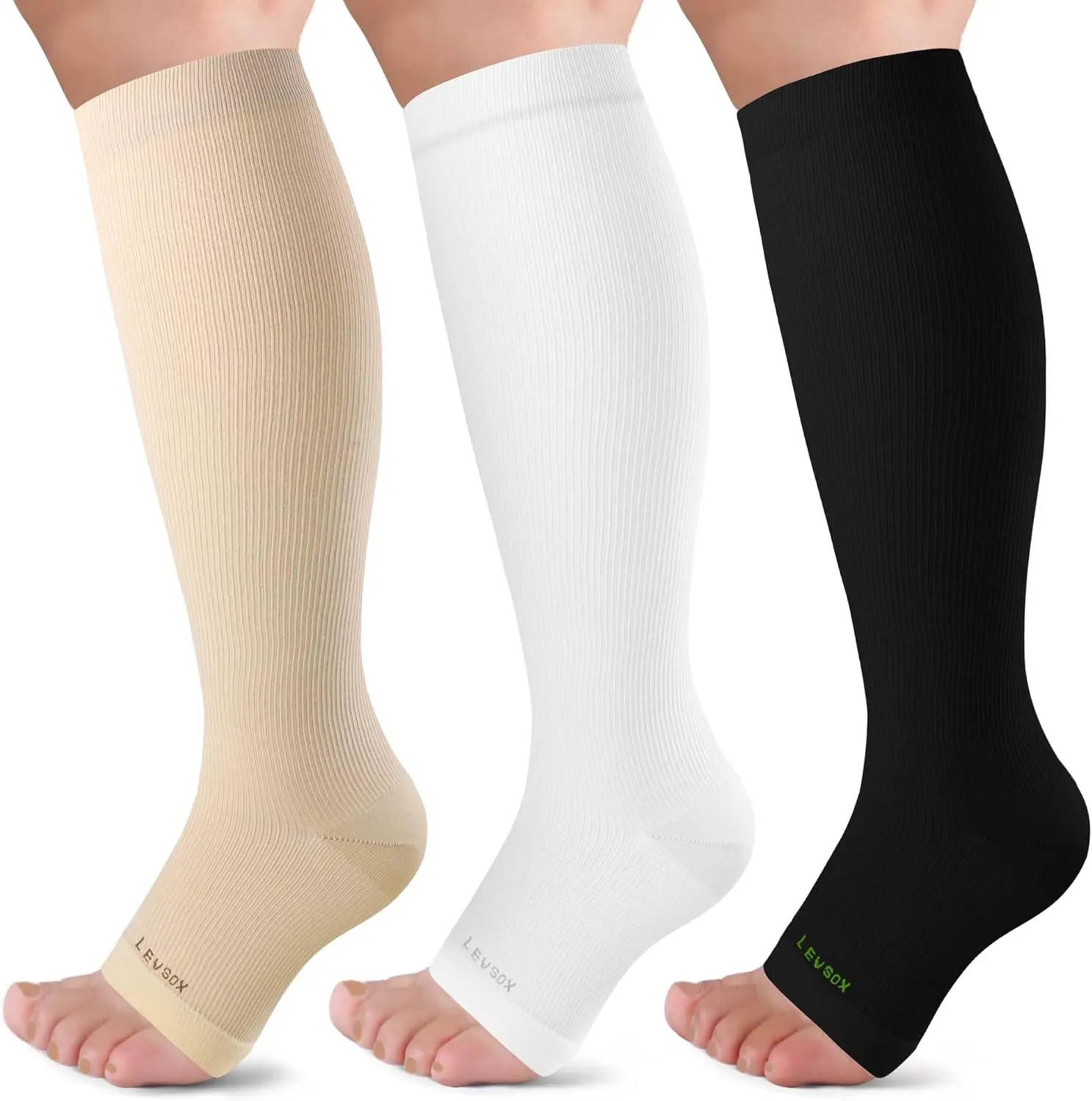 LEVSOX Open Toe Compression Socks for Women & Men 20-30mmHg Toeless Sock Knee High Support Stockings for Circulation Nurses Pregnant Travel