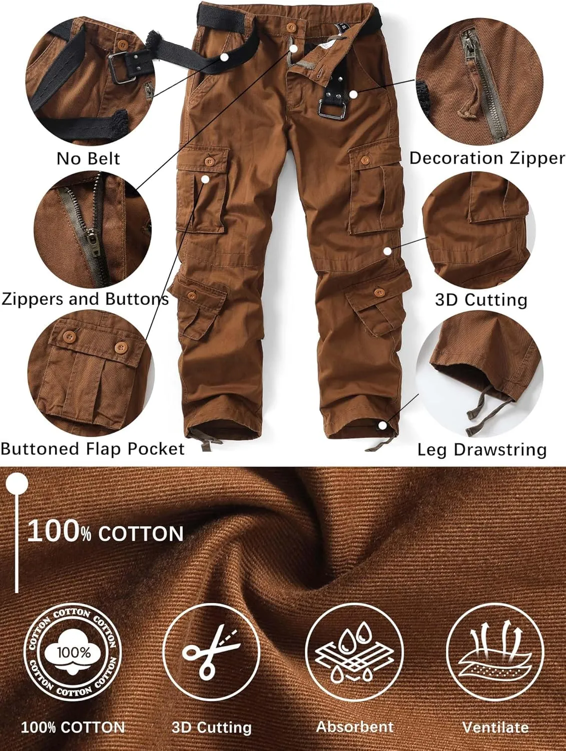Men's Camo BDU Cargo Tactical Ripstop Casual Lightweight Baggy Combat 100% Cotton Pants with 8 Pockets(No Belt)