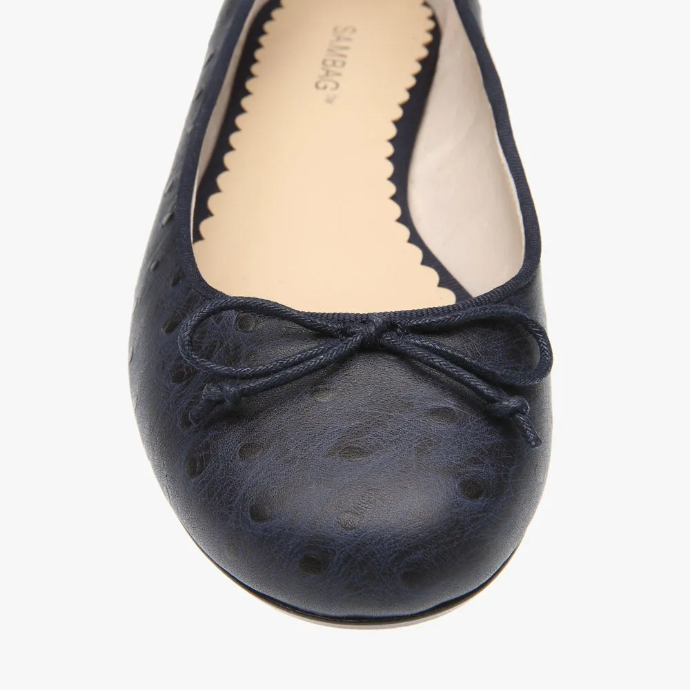 Tina Navy Ostrich Embossed Leather Ballet Flat