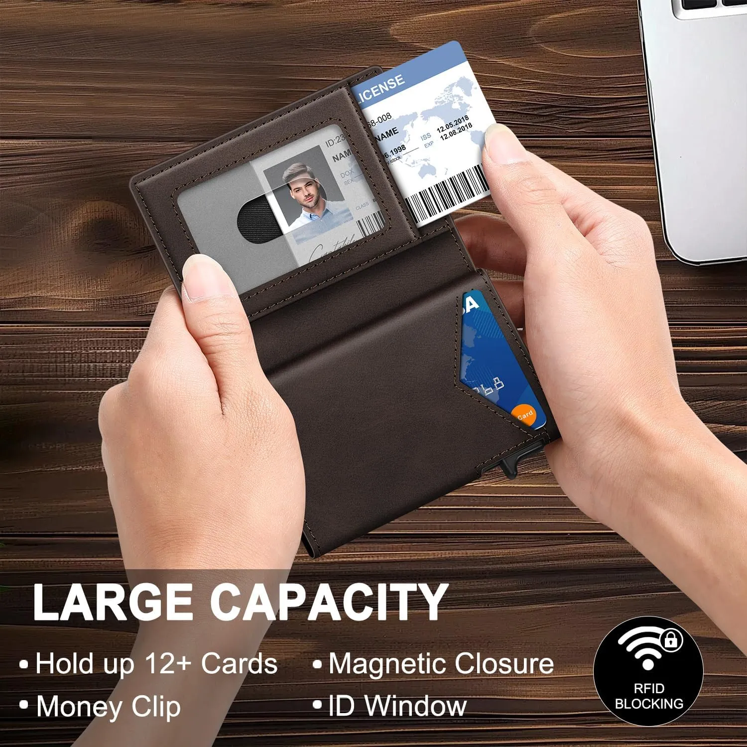 Wallet for Men, RFID Wallet with Money Clip & ID Window, Minimalist Pop Up Credit Card Case Holder 10-12 Cards, Bifold Slim Smart Wallet for Front Pocket, Compact Metal Wallets, Gifts for Men, Coffee