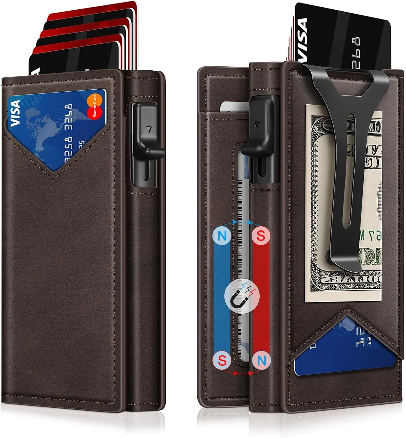Wallet for Men, RFID Wallet with Money Clip & ID Window, Minimalist Pop Up Credit Card Case Holder 10-12 Cards, Bifold Slim Smart Wallet for Front Pocket, Compact Metal Wallets, Gifts for Men, Coffee