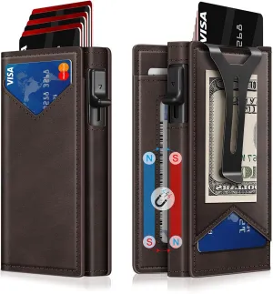 Wallet for Men, RFID Wallet with Money Clip & ID Window, Minimalist Pop Up Credit Card Case Holder 10-12 Cards, Bifold Slim Smart Wallet for Front Pocket, Compact Metal Wallets, Gifts for Men, Coffee